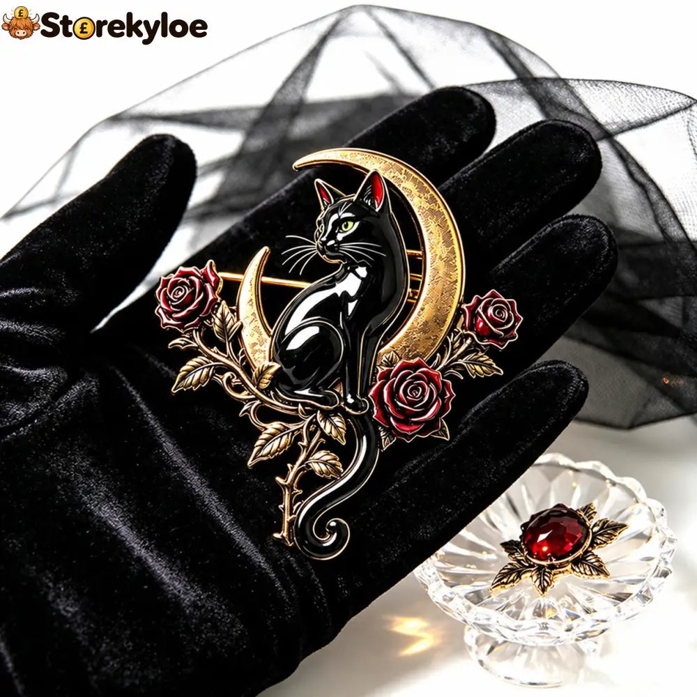 🖤🌙Black Cat & Crescent Moon Rose Brooch🐈‍⬛🌹