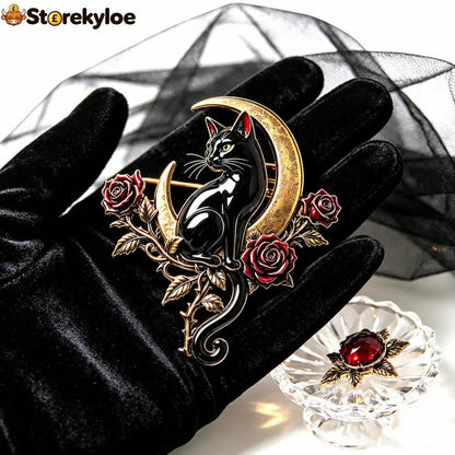 🖤🌙Black Cat & Crescent Moon Rose Brooch🐈‍⬛🌹