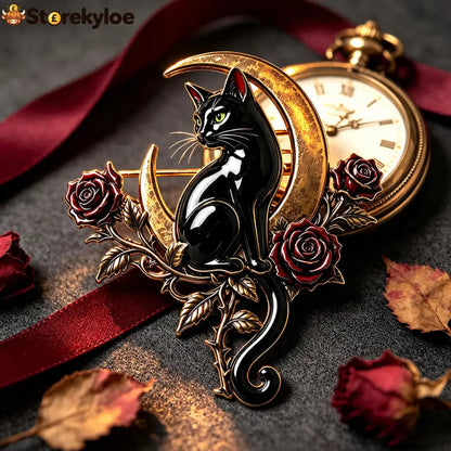 🖤🌙Black Cat & Crescent Moon Rose Brooch🐈‍⬛🌹