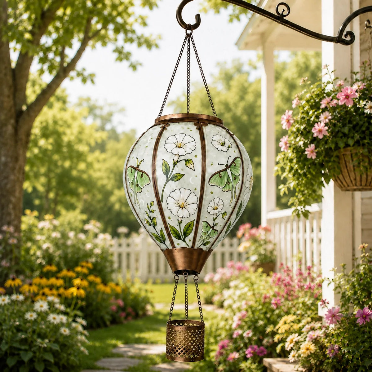 Butterfly inspired hot air balloon solar lantern with hand-painted glass panels