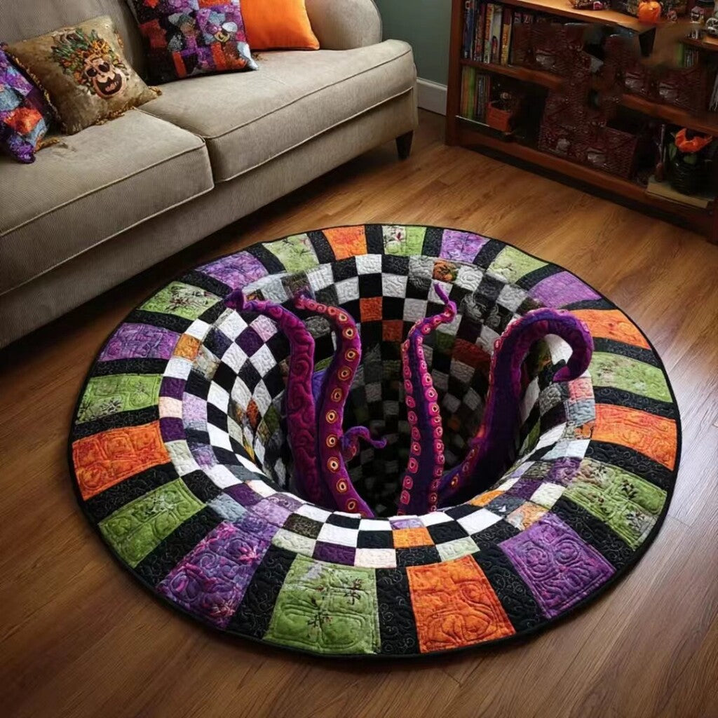 🎃 3D Skeleton Vortex Quilted Round Halloween Rug