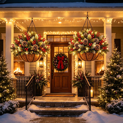 🎄 Last Day 50% OFF 🏆 Pre-Lit Christmas Hanging Basket | Pre-lit, weather-resistant, and zero maintenance