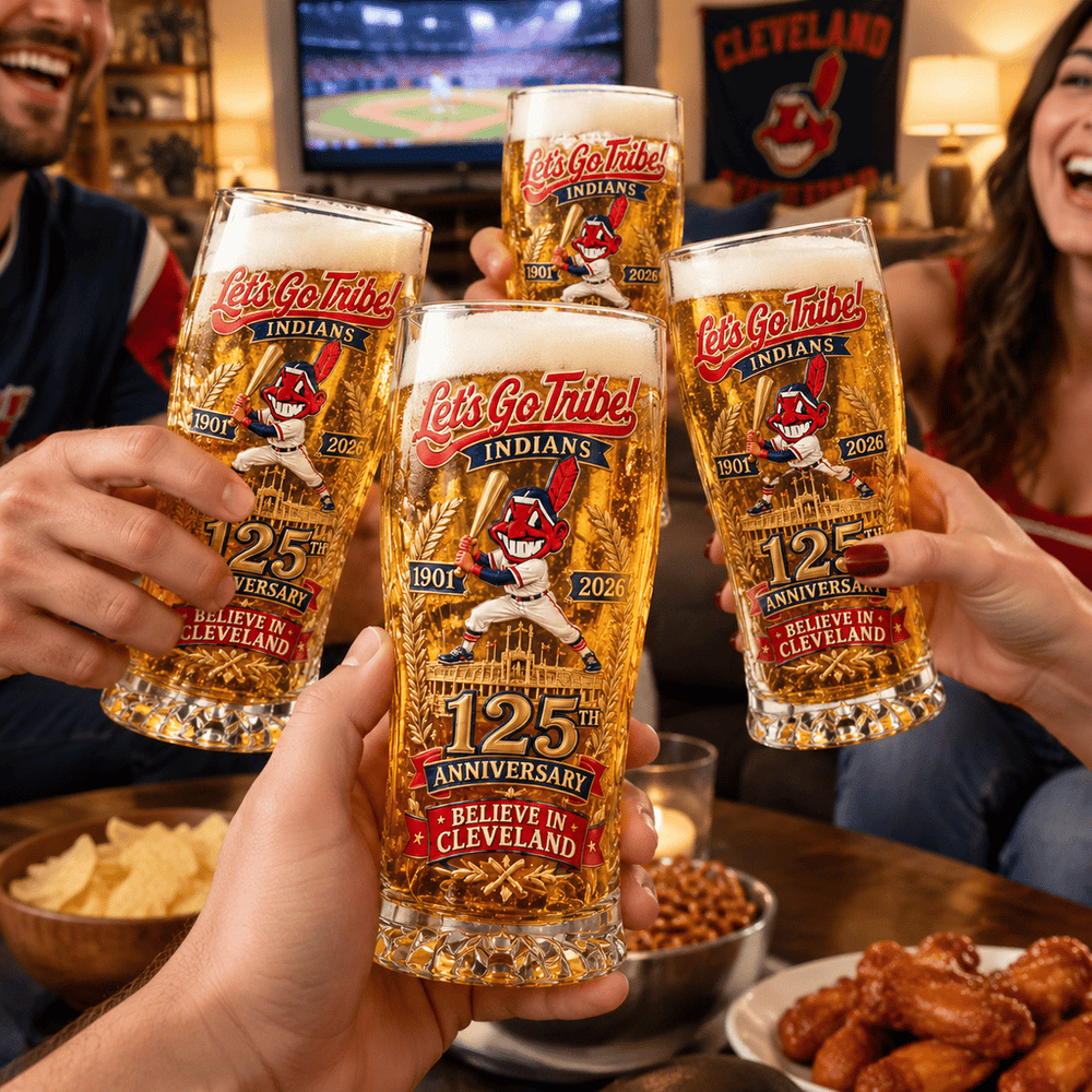 Baseball fans raising commemorative pint glasses together on game night