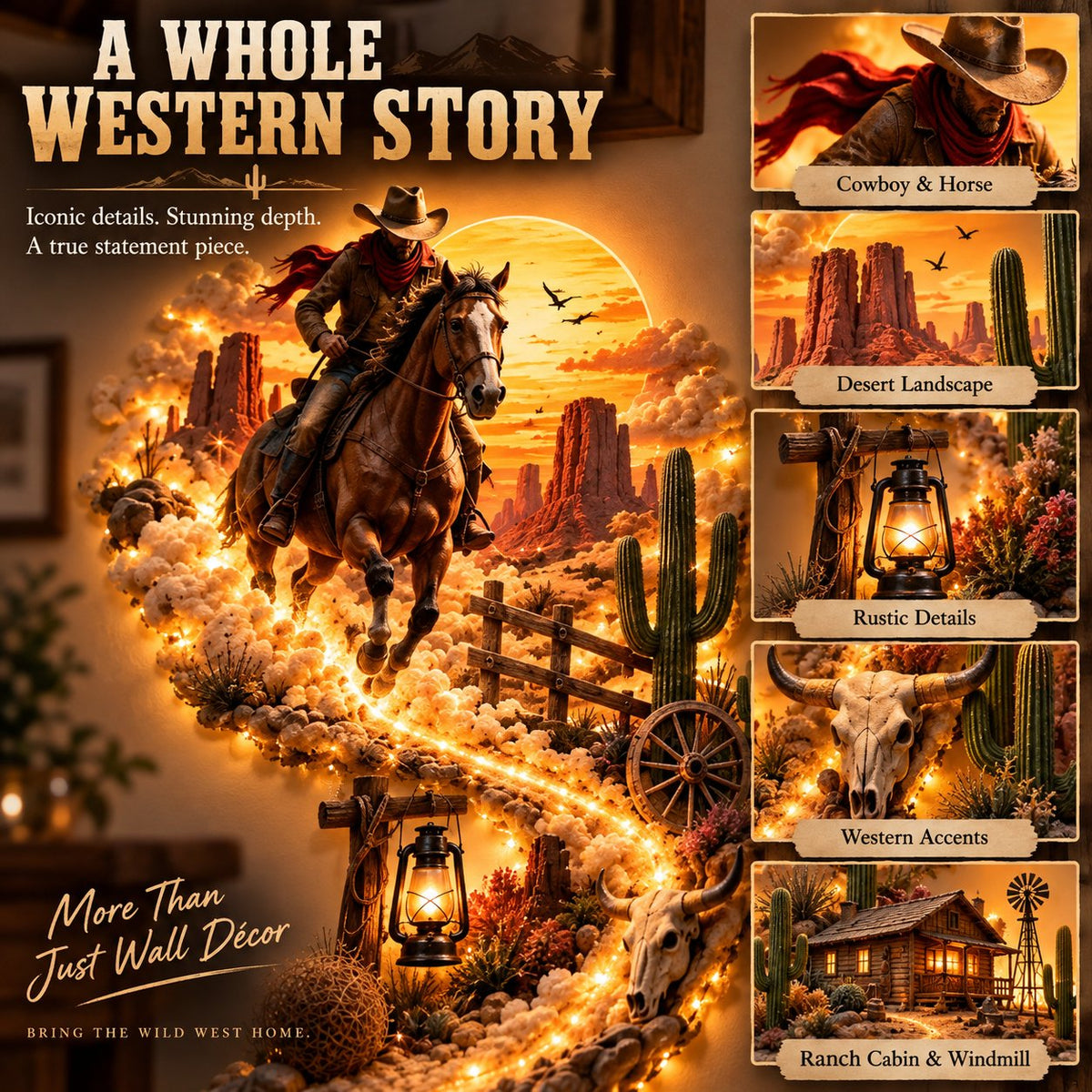 Detailed Western LED wall scene showing cowboy, desert, lantern, cattle skull and ranch cabin
