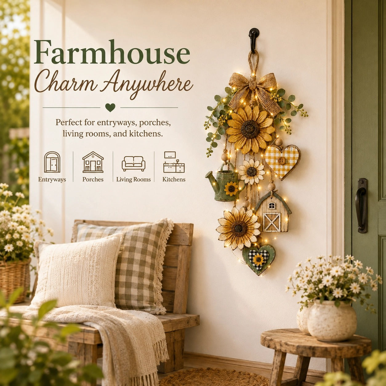 🌻Rustic Wooden Garden-Themed Hanging Ornament with Remote Control Fairy Lights