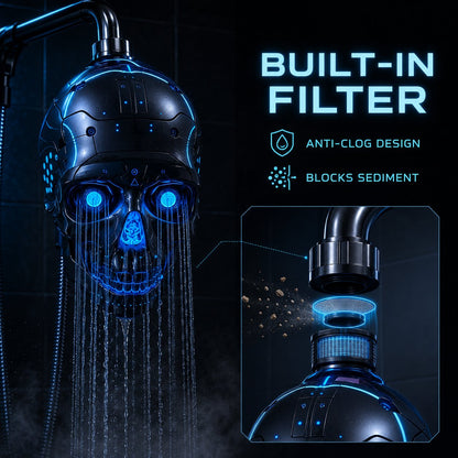 💀Cyber Mecha Skull Color Changing LED Pressure Boost Shower Head
