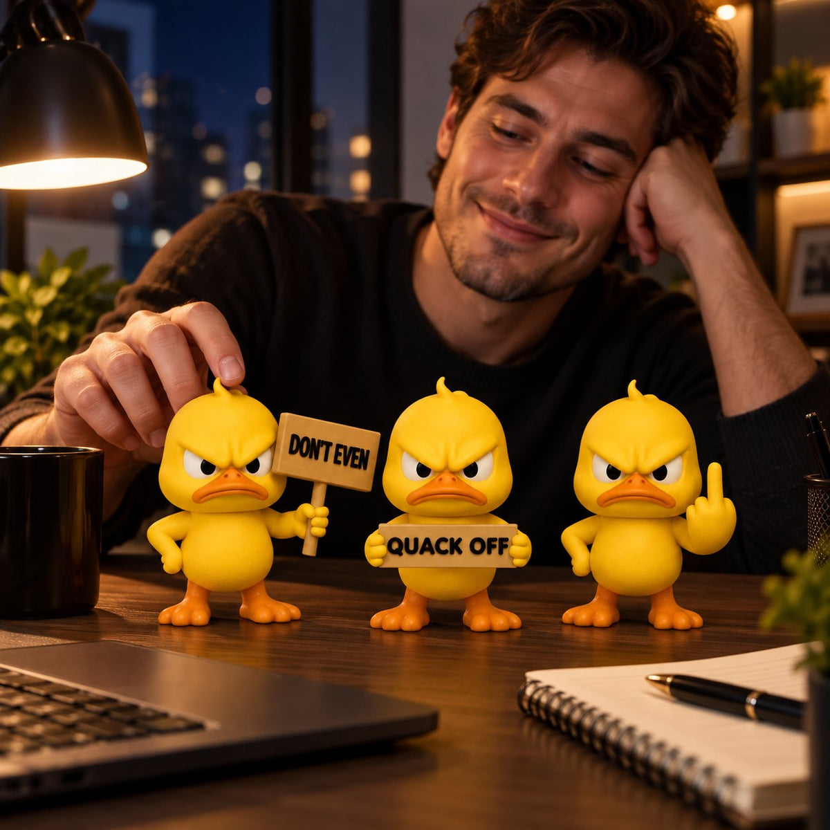 Three Quacko angry duck figurines on a home office desk