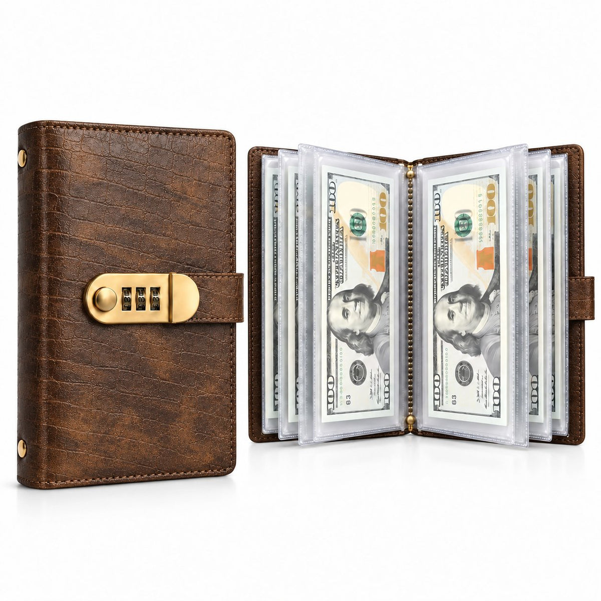 Brown lockable cash savings binder shown closed and open with clear money sleeves