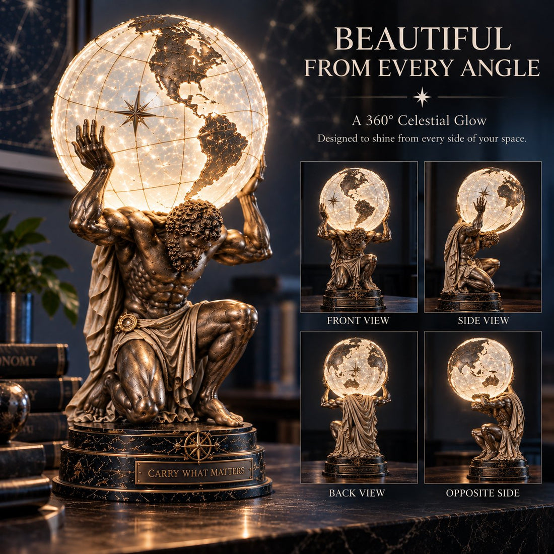 Atlas illuminated world sphere lamp viewed from different angles