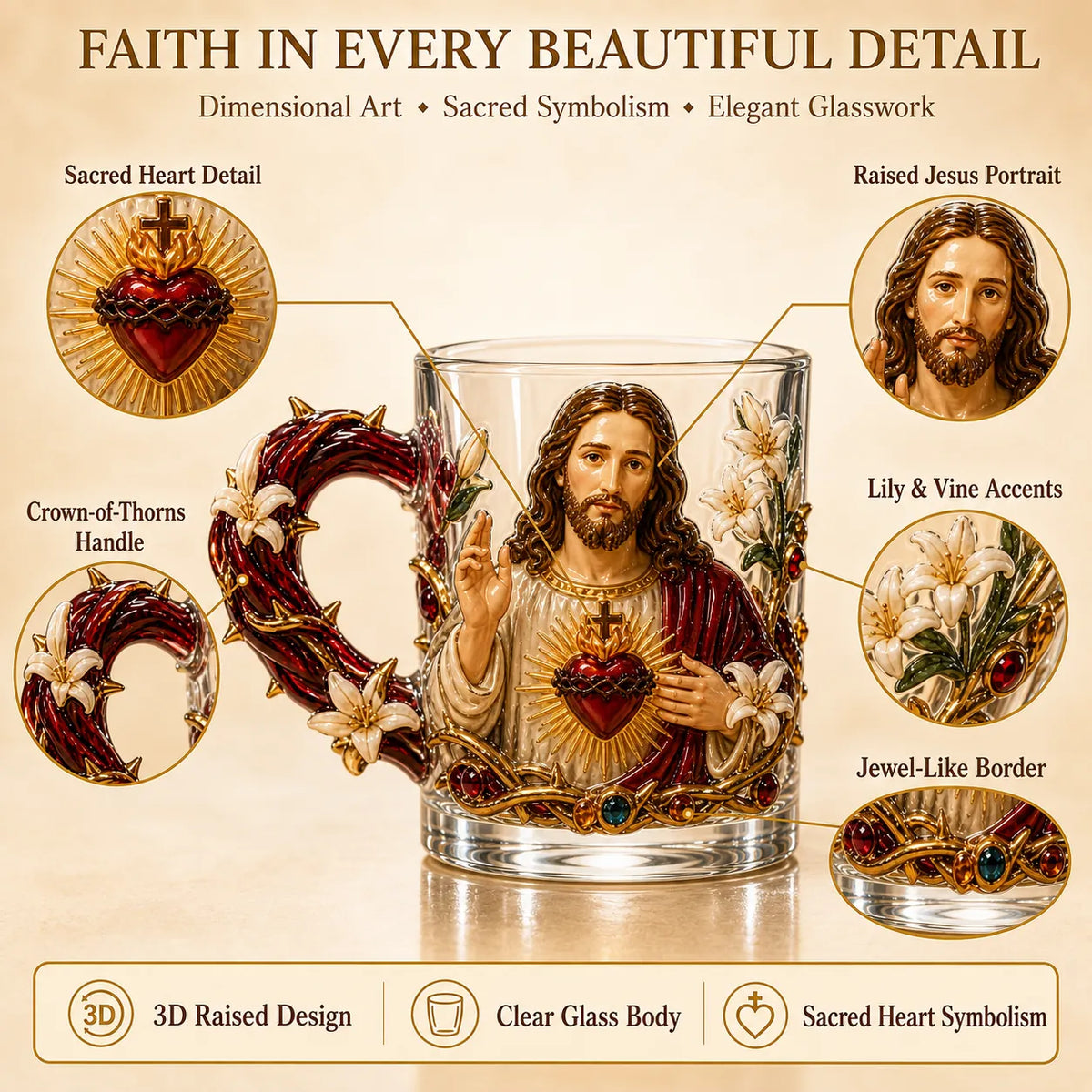 Close-up guide to the raised Sacred Heart, portrait, floral handle and jewel-inspired details