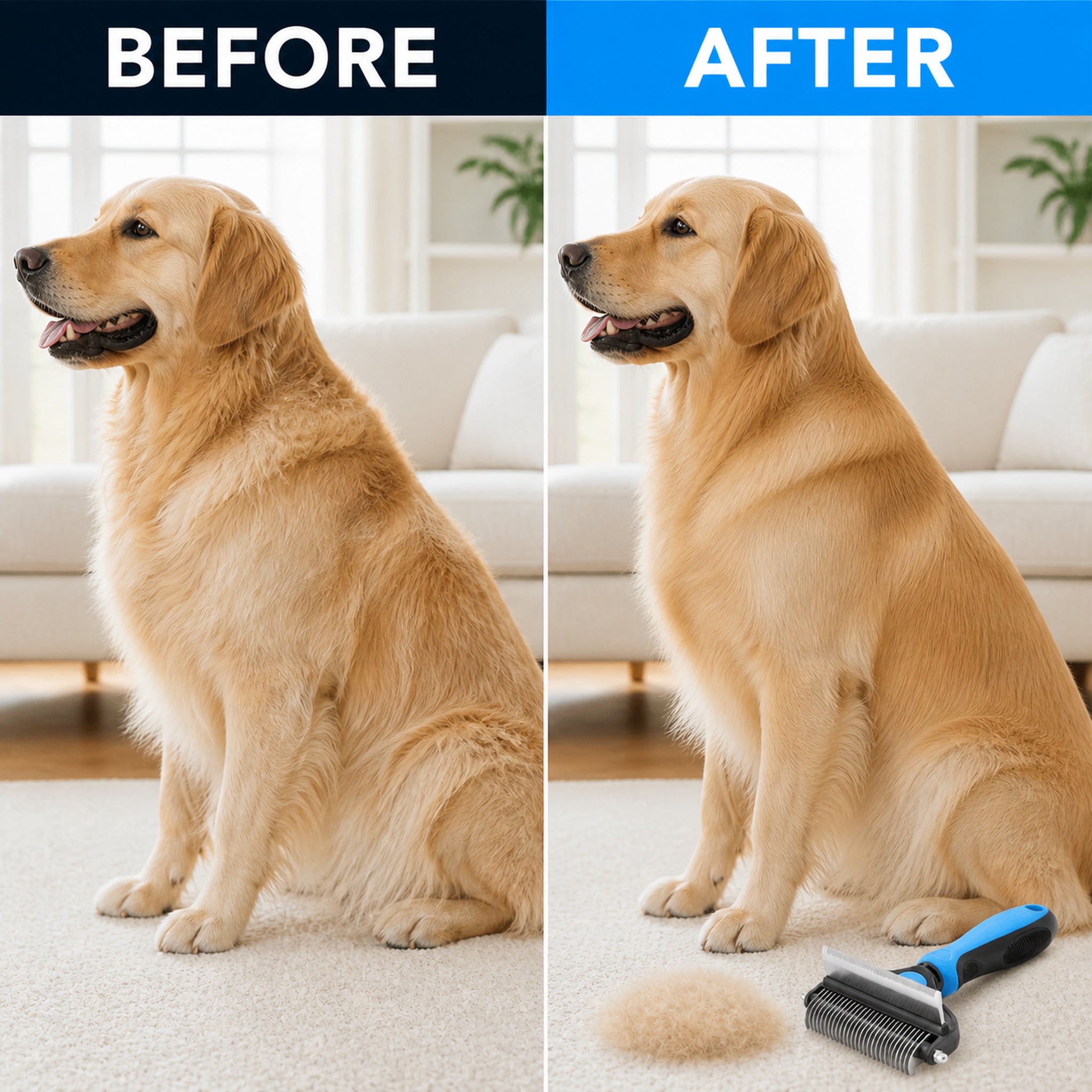 Golden retriever coat shown before and after grooming with CoatRake