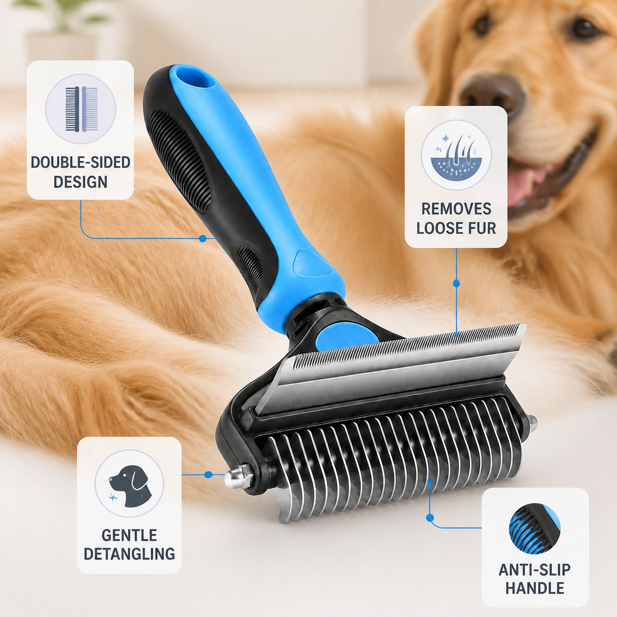 CoatRake double-sided dog grooming tool with loose fur removal, detangling, and anti-slip grip features