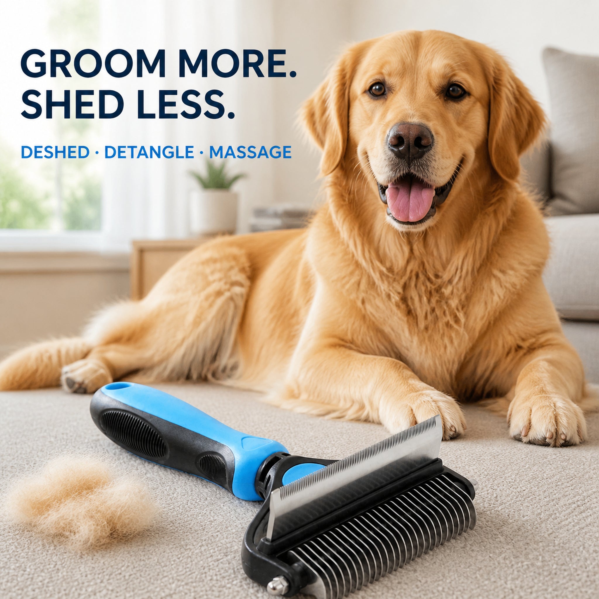 Happy golden retriever beside CoatRake with the message Groom More Shed Less
