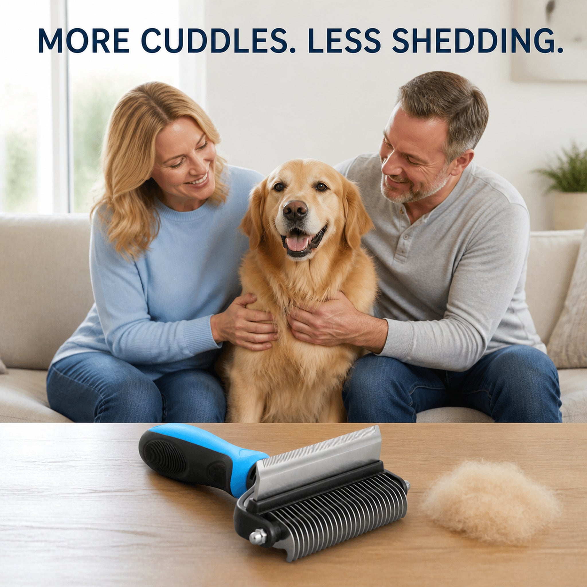 Happy family cuddling their groomed golden retriever beside the CoatRake