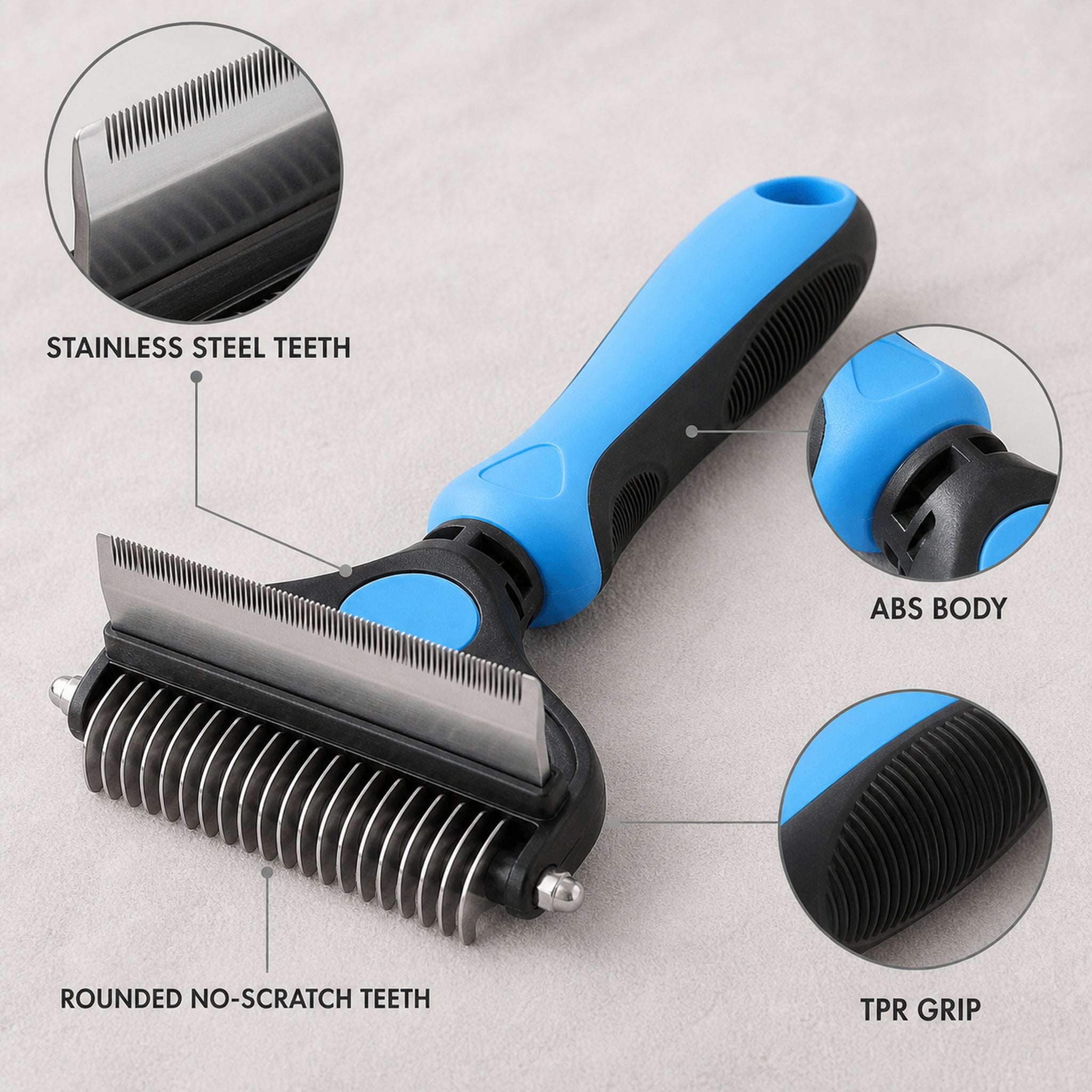 CoatRake stainless steel teeth, ABS body, rounded rake teeth, and TPR grip details