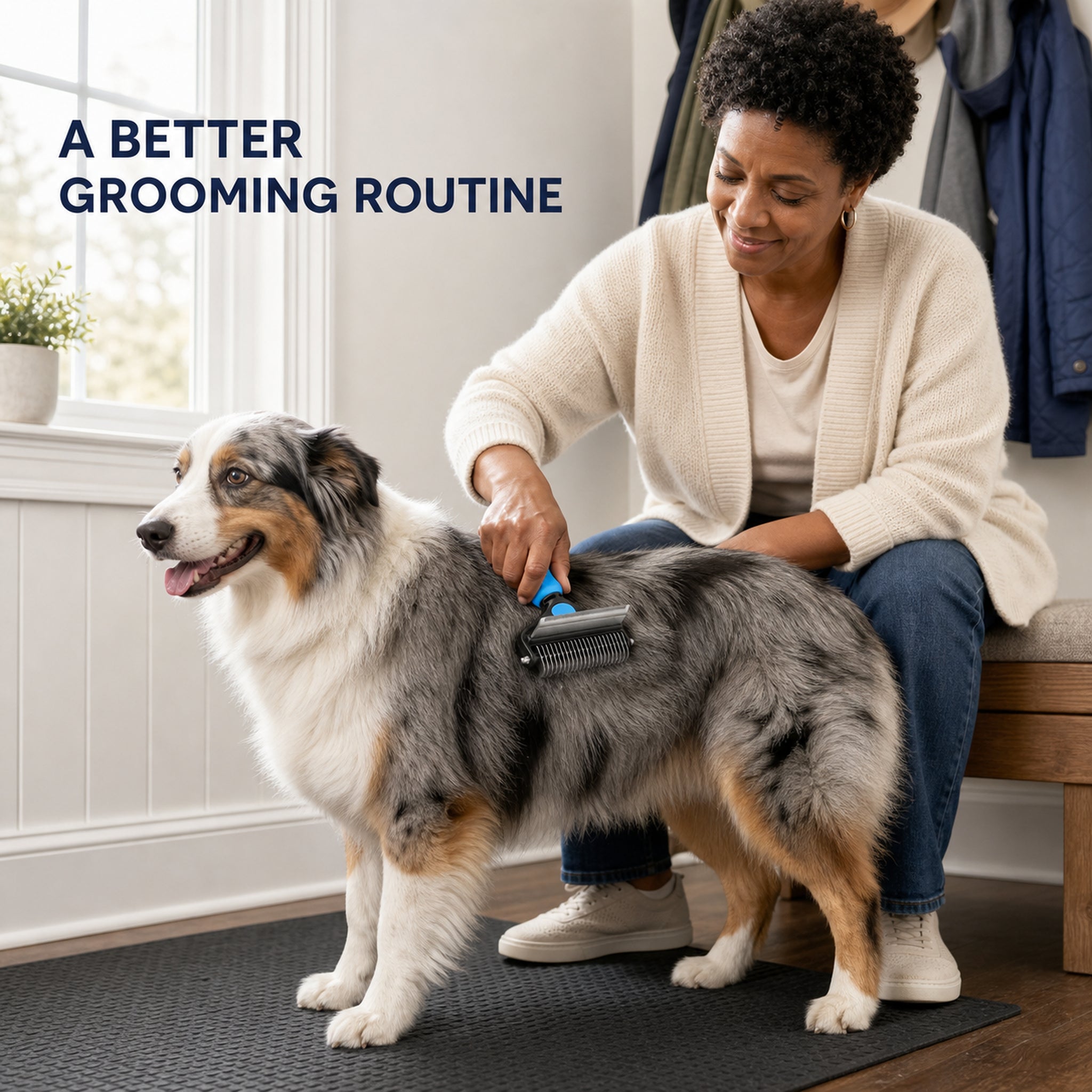 Pet owner using CoatRake on a long-haired dog during a calm home grooming routine