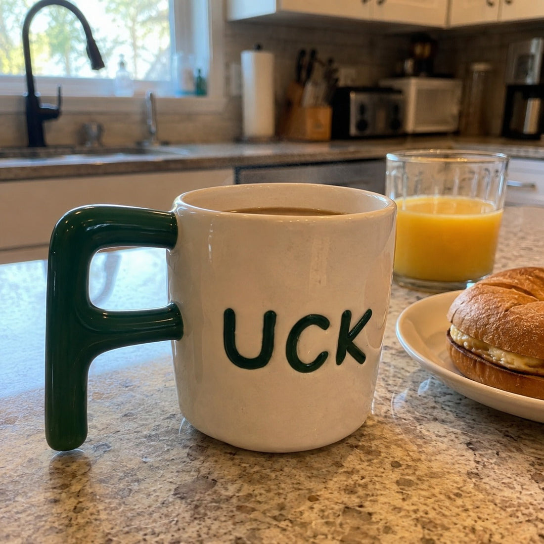 F Bomb mug with coffee at breakfast