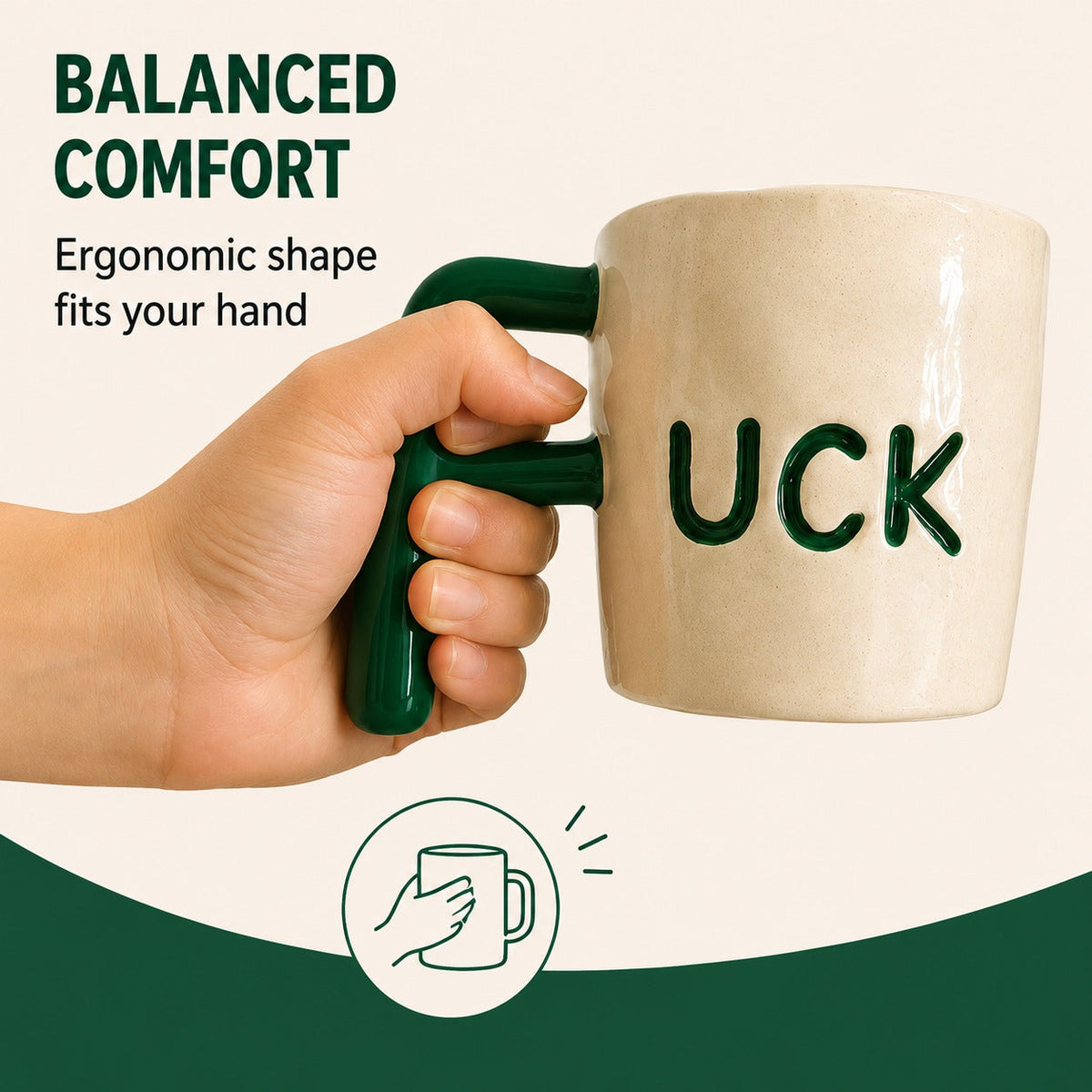 Hand holding the F Bomb mug by its sculpted handle