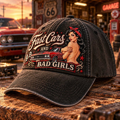 🏁 Fast Cars and Bad Girls Baseball Cap — Retro Muscle Car Style with a Bold Pin-Up Attitude