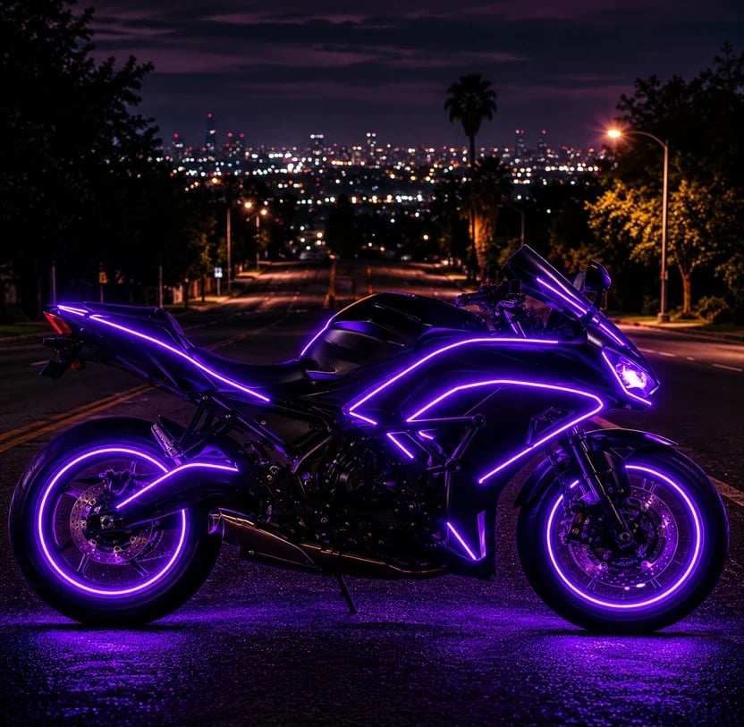 Sport motorcycle illuminated with vivid purple ambient lighting