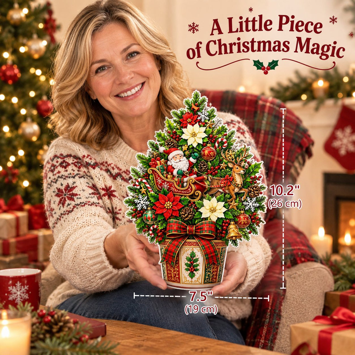 Pop-up Christmas tree card held in a cozy holiday setting