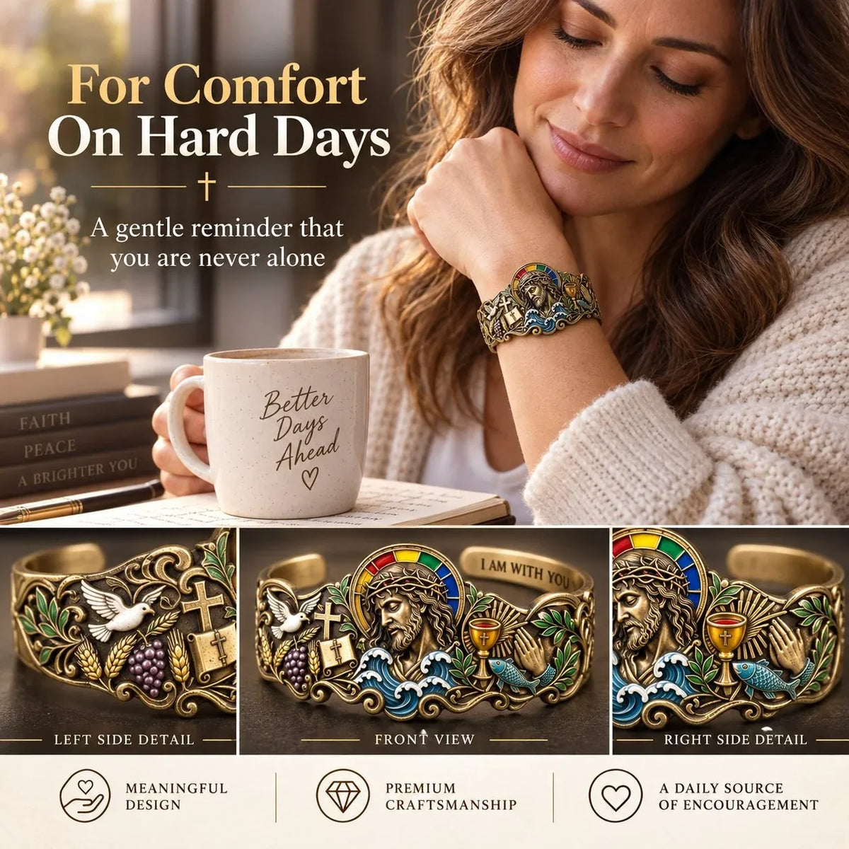 ⭐Faith Inspired Jesus Cuff Bracelet | Antique Brass With Scripture Message