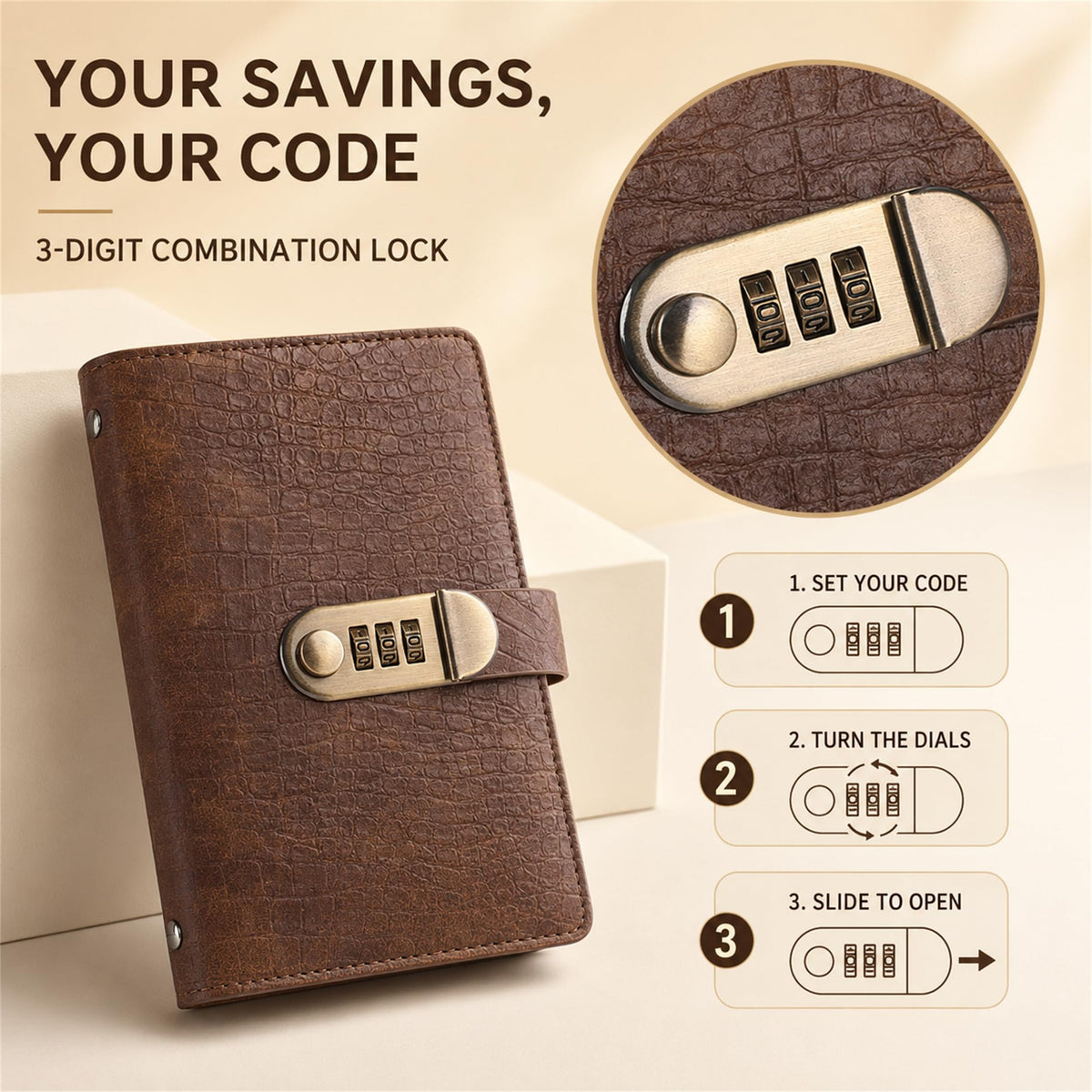 Three-digit combination lock and illustrated operating steps on a brown savings binder