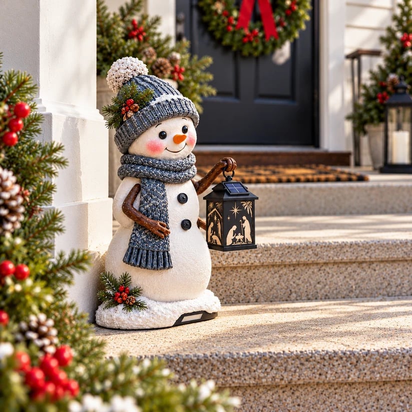 Snowman lantern Christmas scene