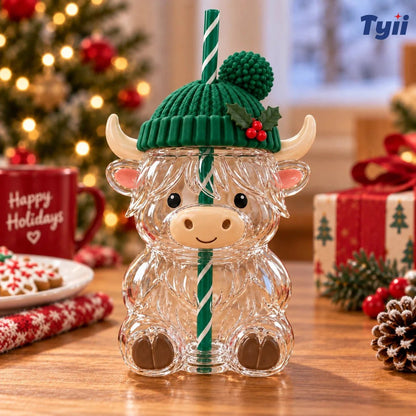❤️ Highland Cow Christmas Glass Cup with Straw – Cute Holiday Tumbler Gift