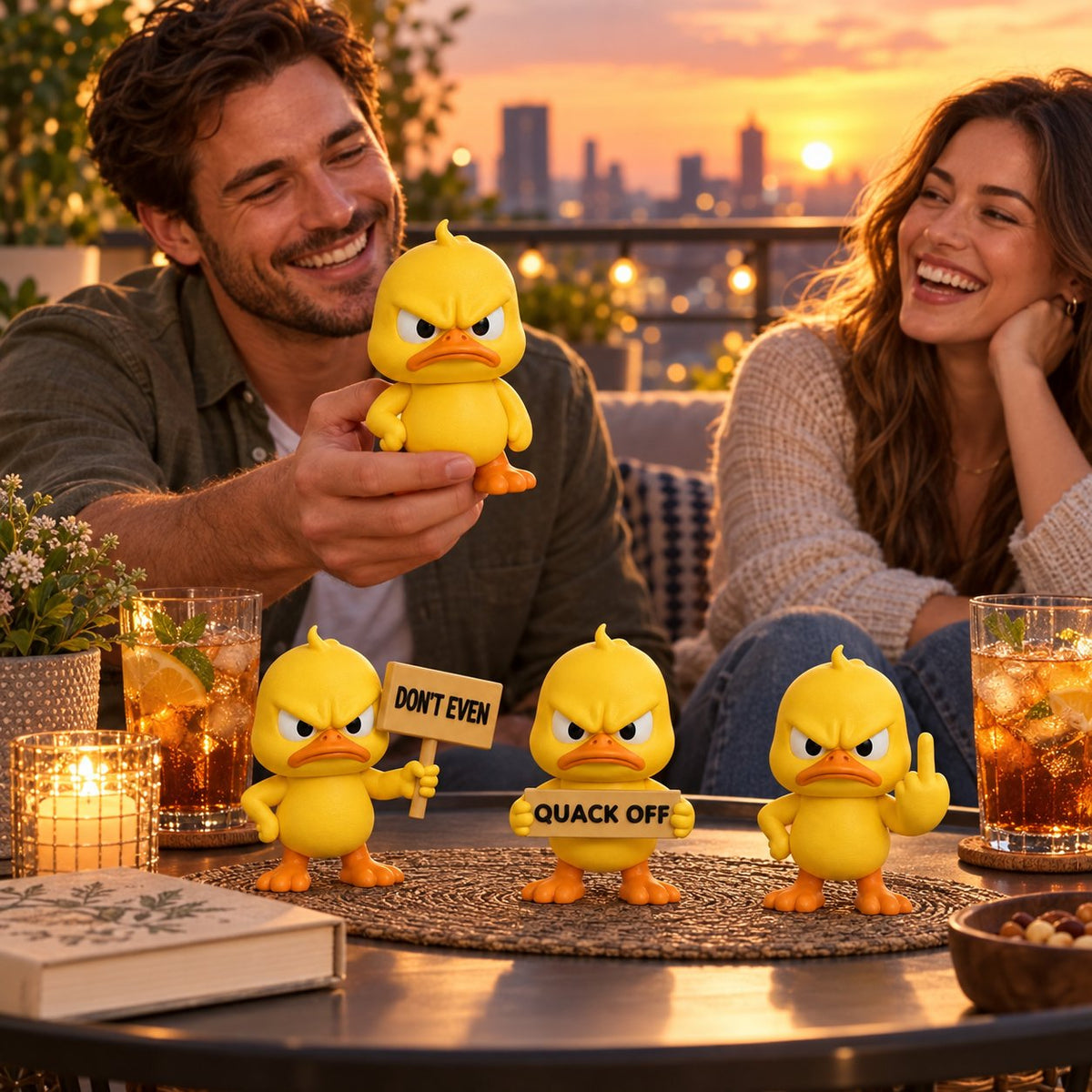 Friends enjoying a playful Quacko angry duck figurine display
