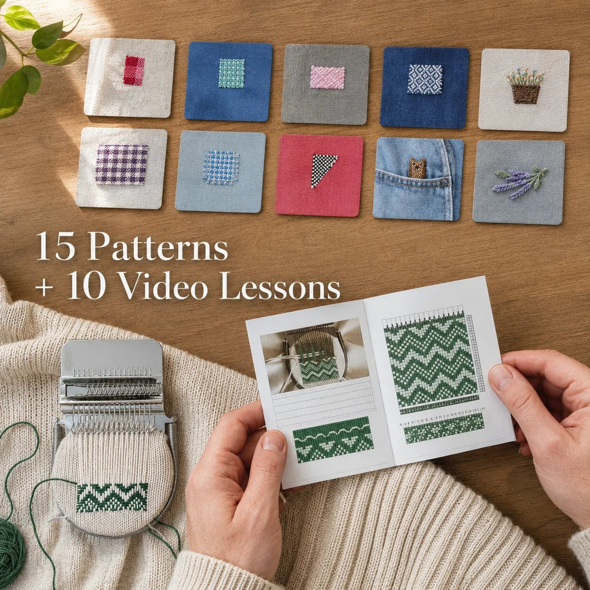 Visible mending pattern ideas and learning resources beside the loom