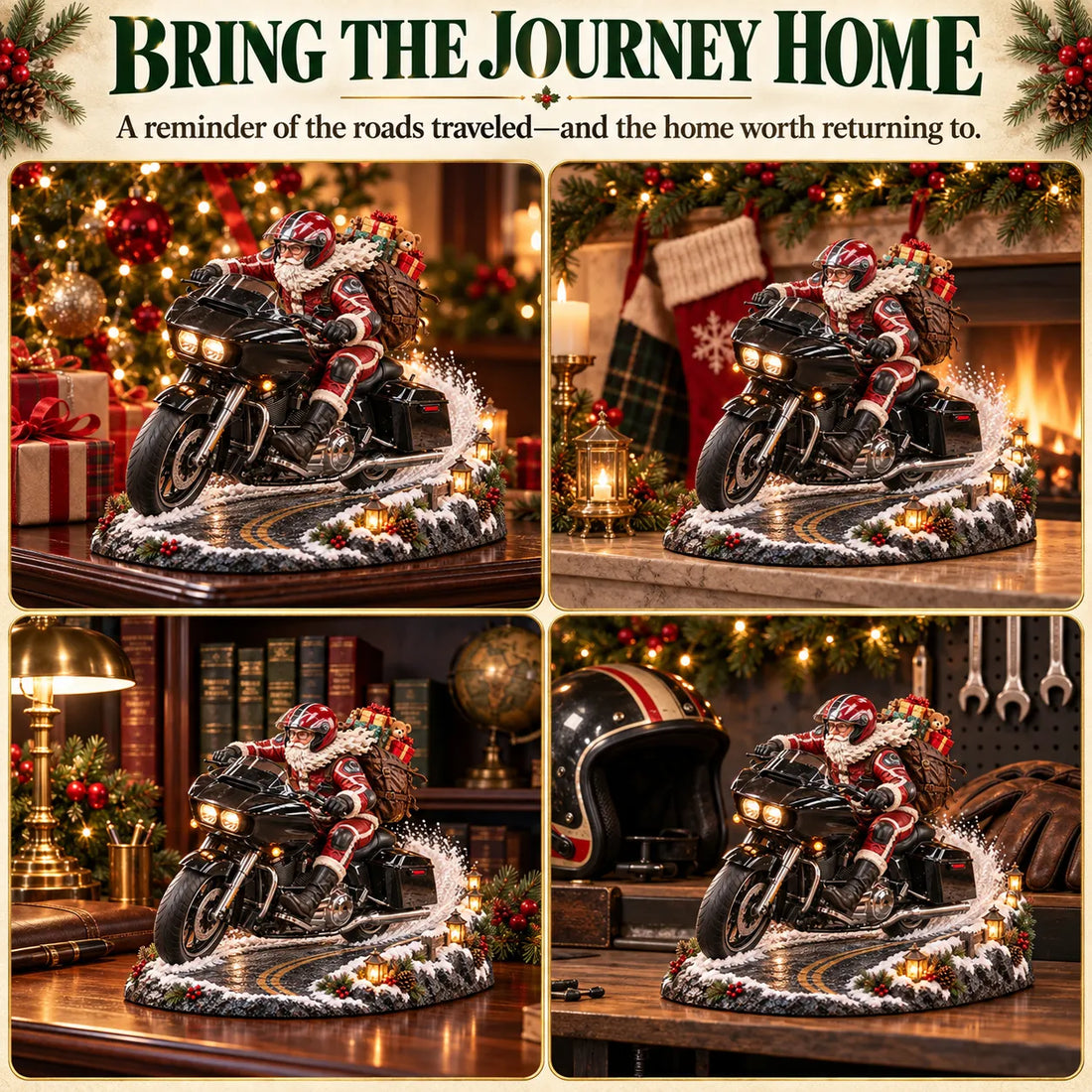Santa motorcycle Christmas keepsake displayed around the home