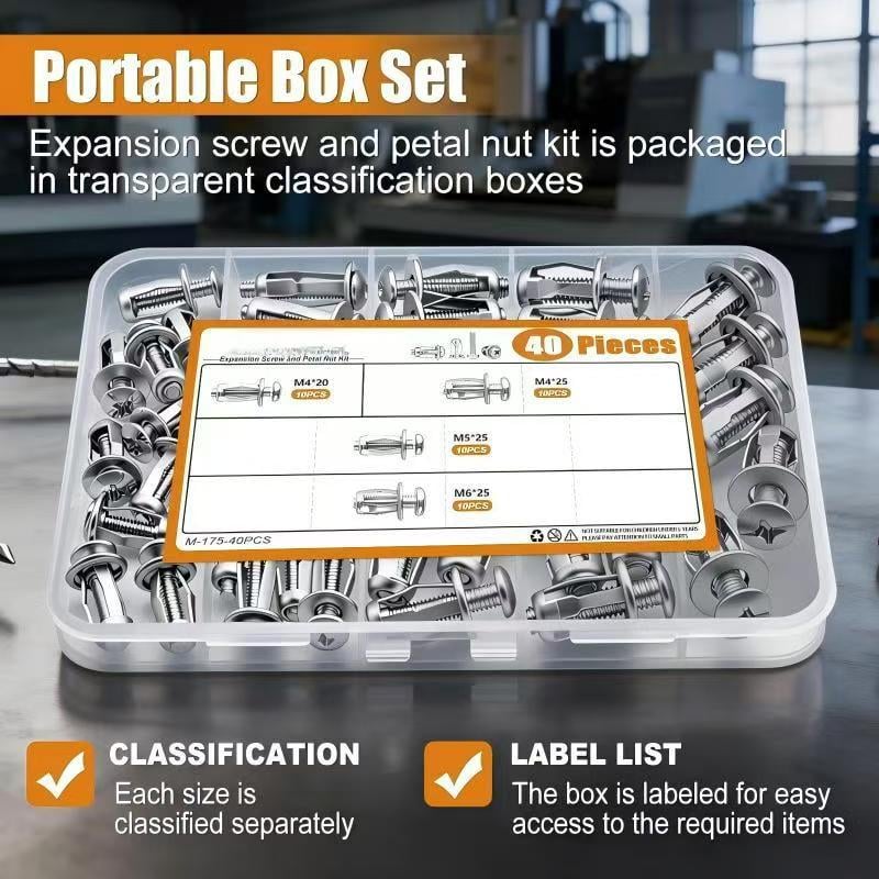 40-Piece Expansion Screw & Petal Nut Kit That Locks Into Hollow Walls