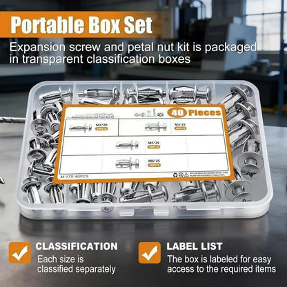 40-Piece Expansion Screw & Petal Nut Kit That Locks Into Hollow Walls