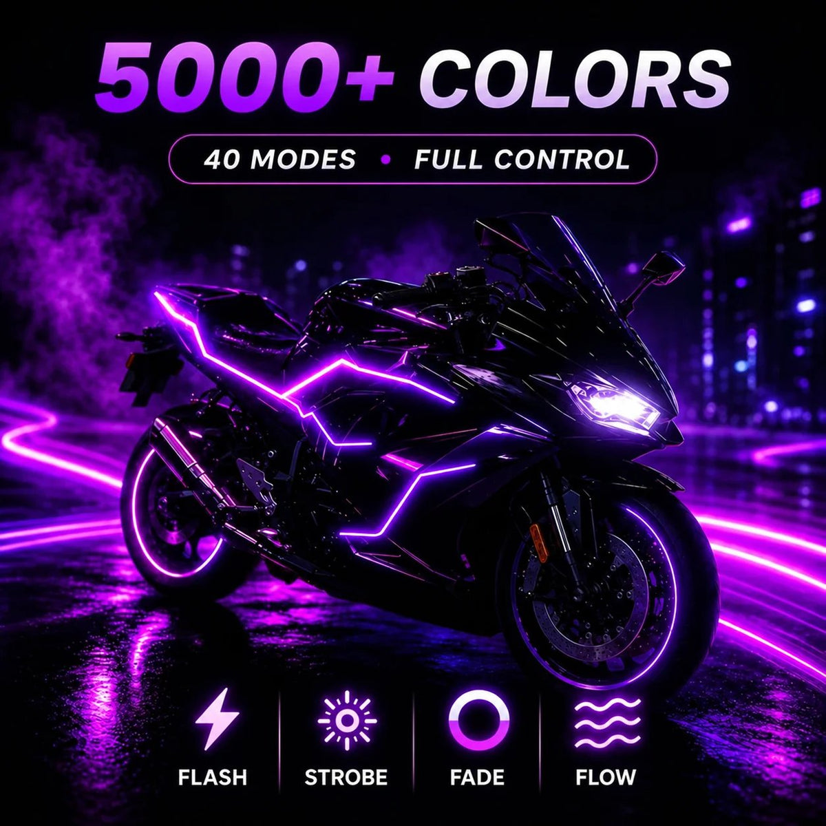 Purple motorcycle showcasing flowing RGBIC lighting effects