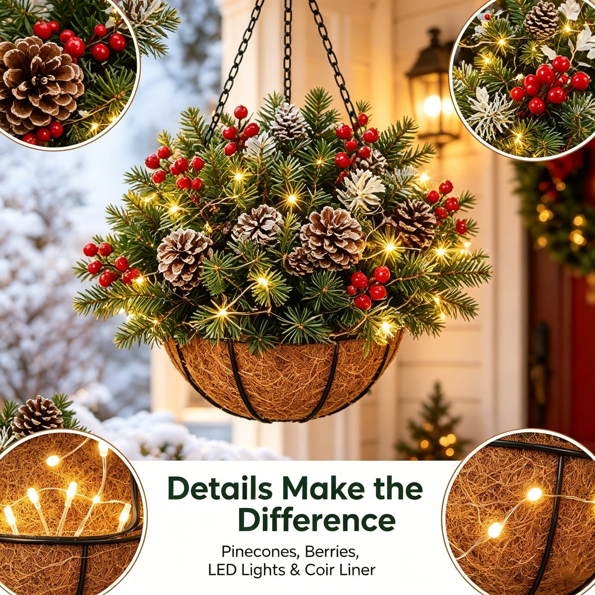 🎄 Last Day 50% OFF 🏆 Pre-Lit Christmas Hanging Basket | Pre-lit, weather-resistant, and zero maintenance