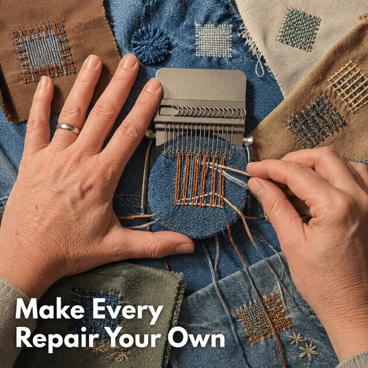 Visible woven and embroidered repairs on denim and everyday fabrics