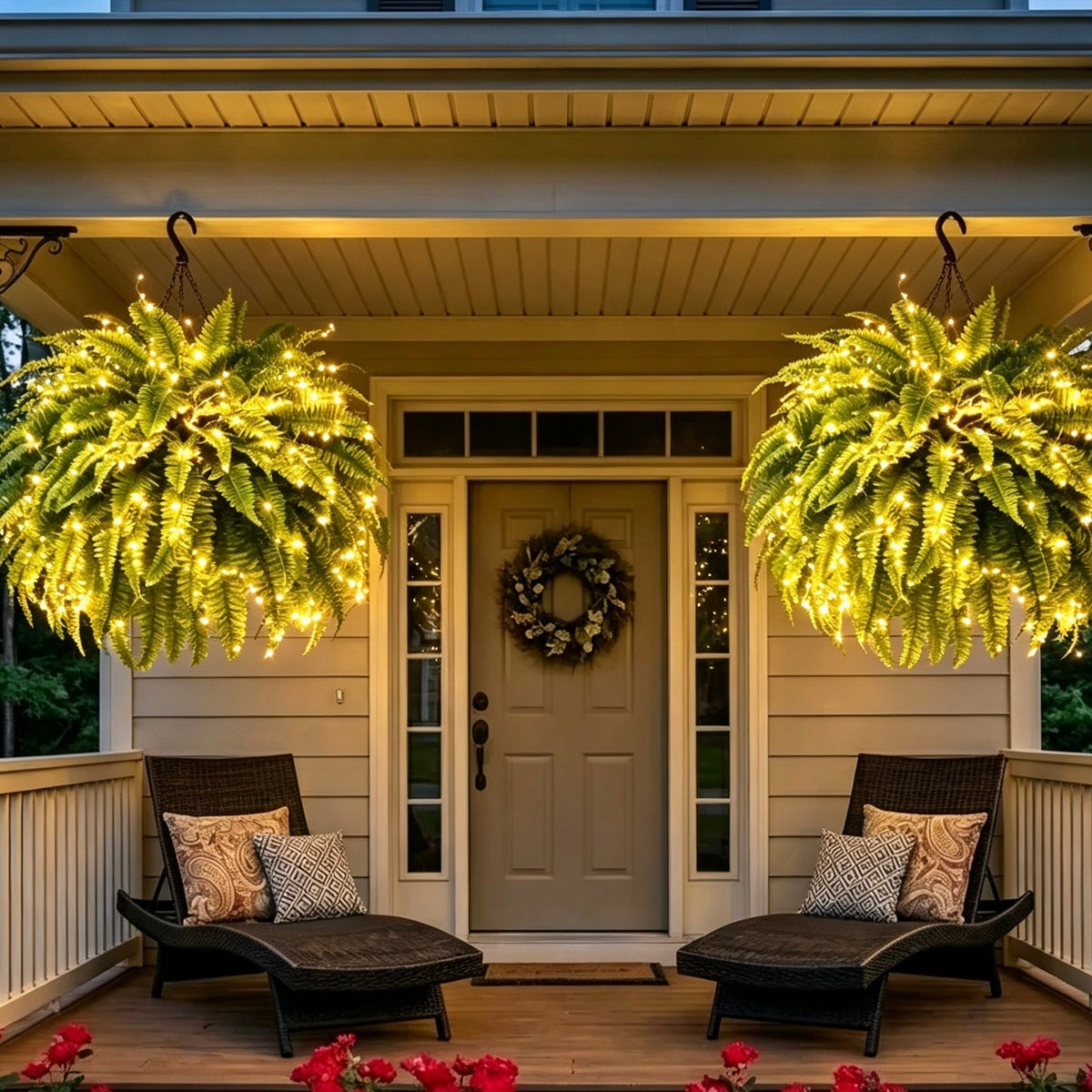 Styled pair of lighted Boston fern baskets framing a door