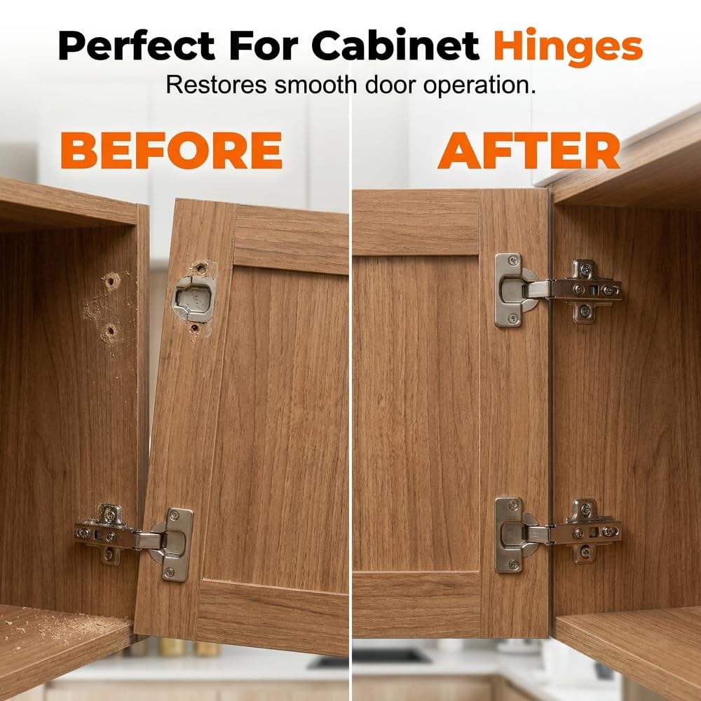 Before and after view of a repaired cabinet hinge mounting point