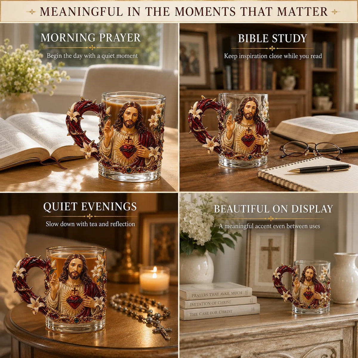 Christian devotional mug shown during morning prayer, Bible study, a quiet evening and on display