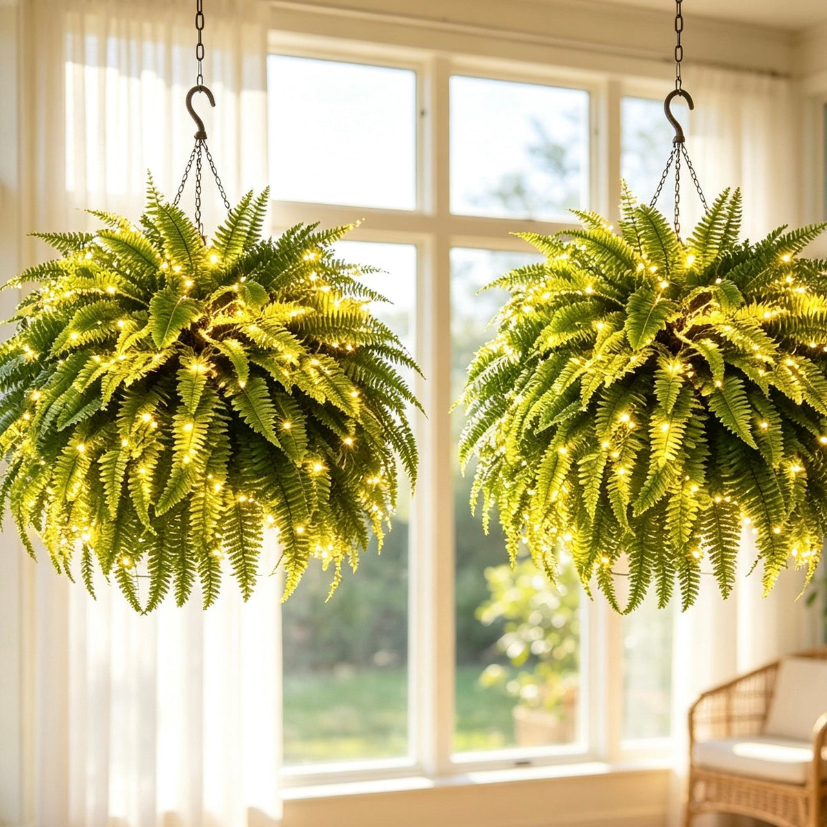 Styled pair of lighted Boston fern baskets in a bright room