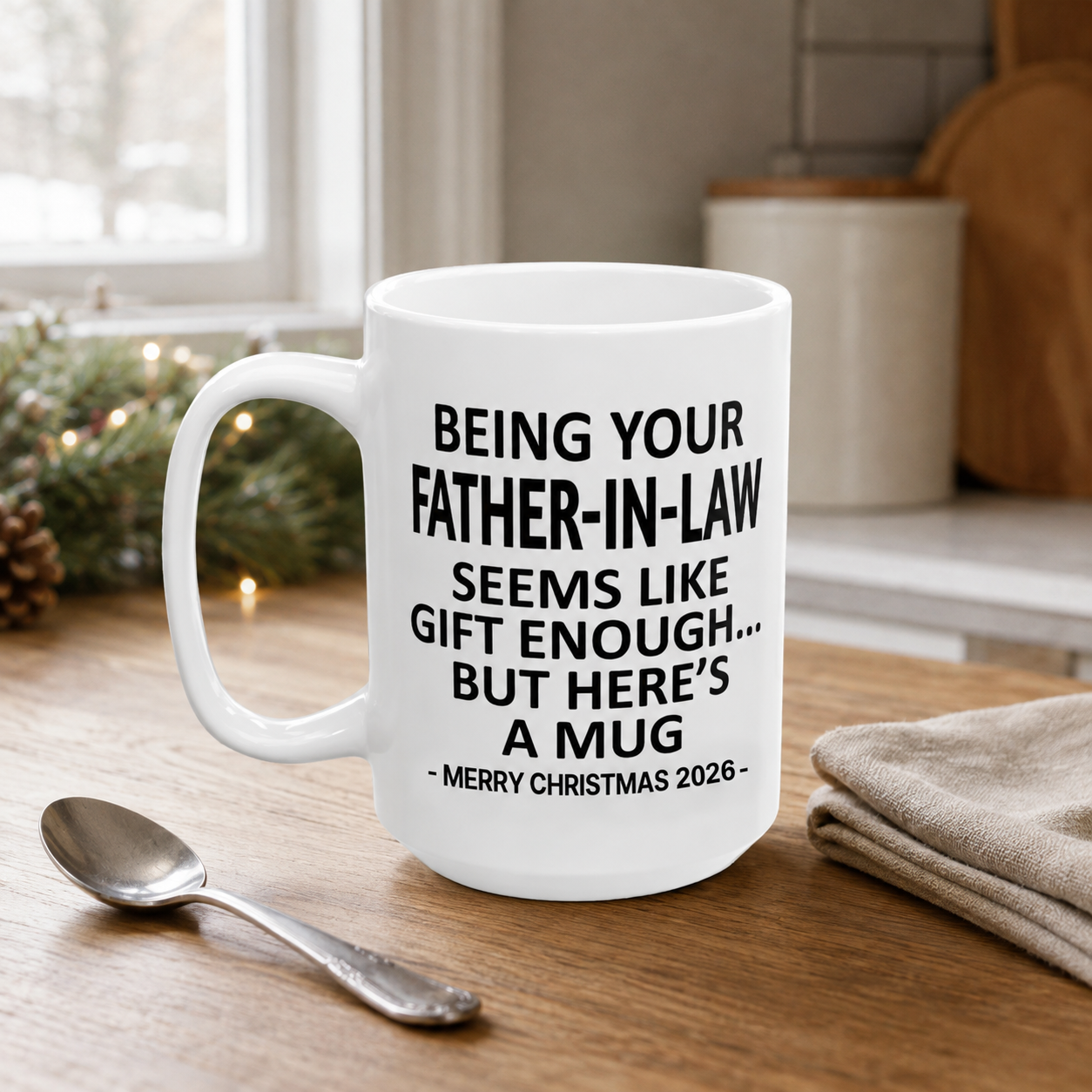 Father-in-law Christmas mug on a winter morning coffee table