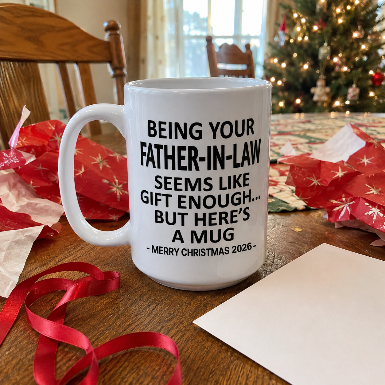 Father-in-law Christmas mug unwrapped at a family table