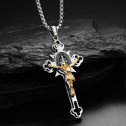 ✝️ Faith & Strength Cross Pendant – Saint Benedict-Inspired Stainless Steel Necklace