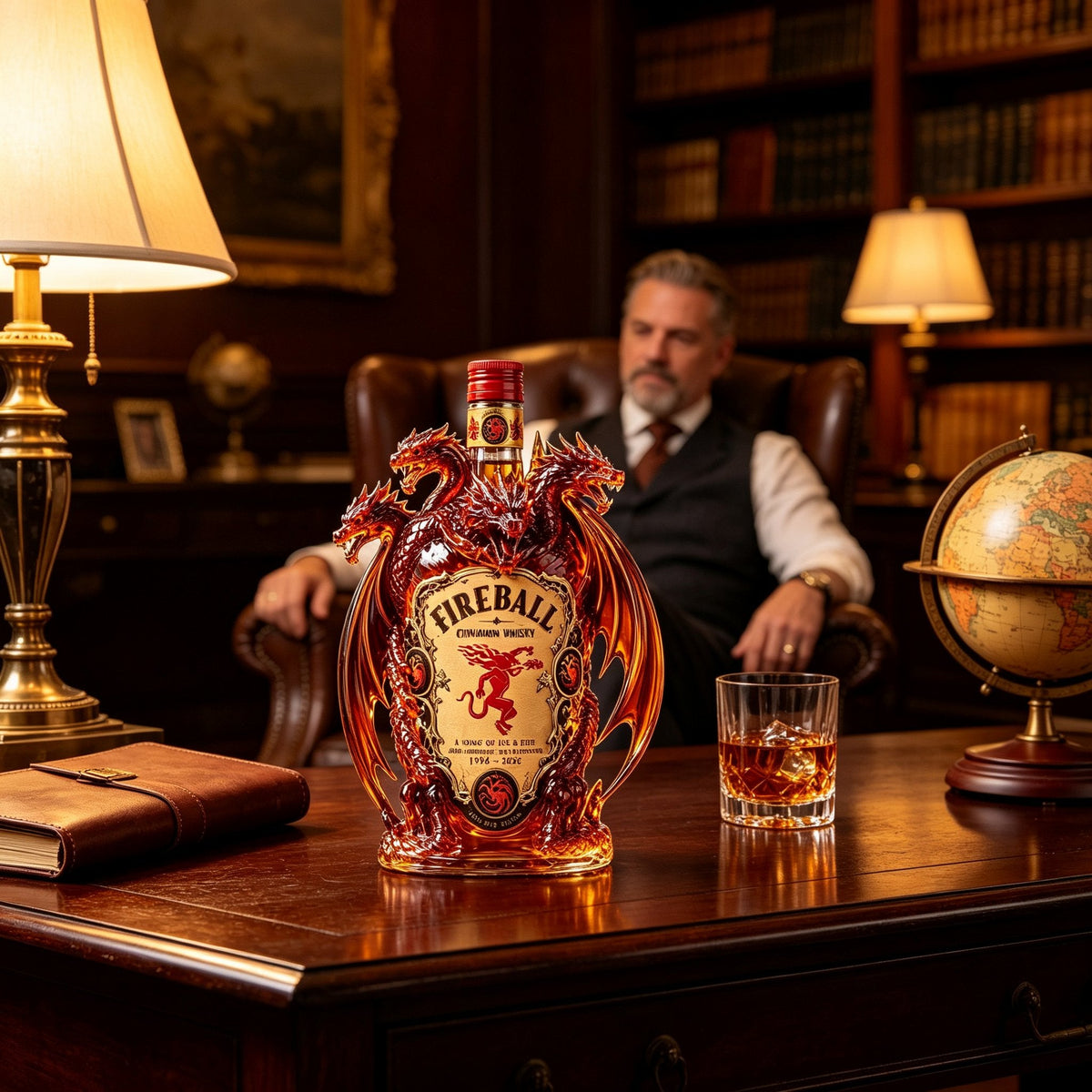 Dragon collector bottle arranged on a dark wood desk in a classic study