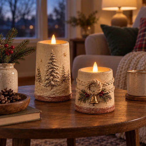 Rustic Christmas Flameless LED Candle Décor – Set of 2