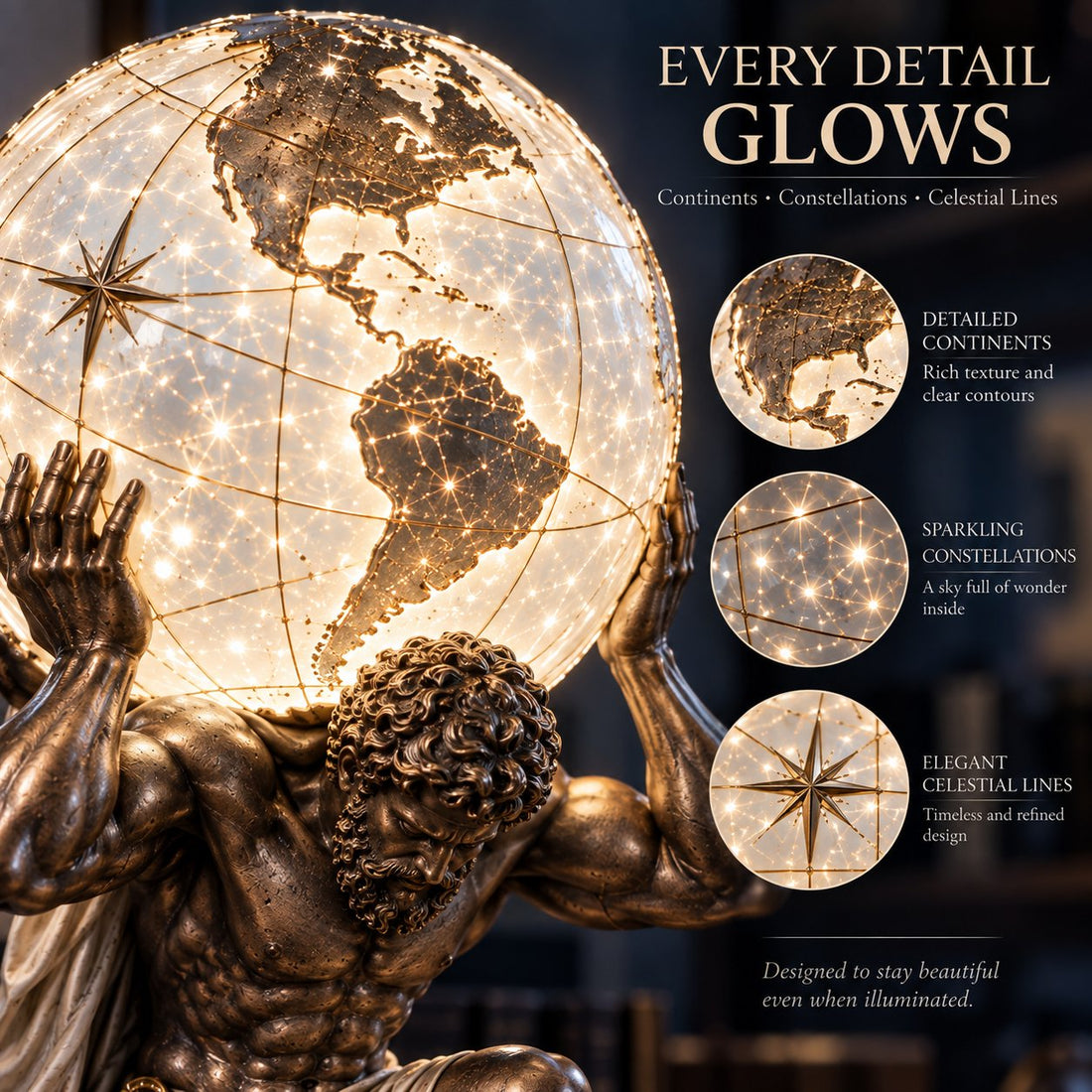 Atlas globe lamp illuminated celestial details