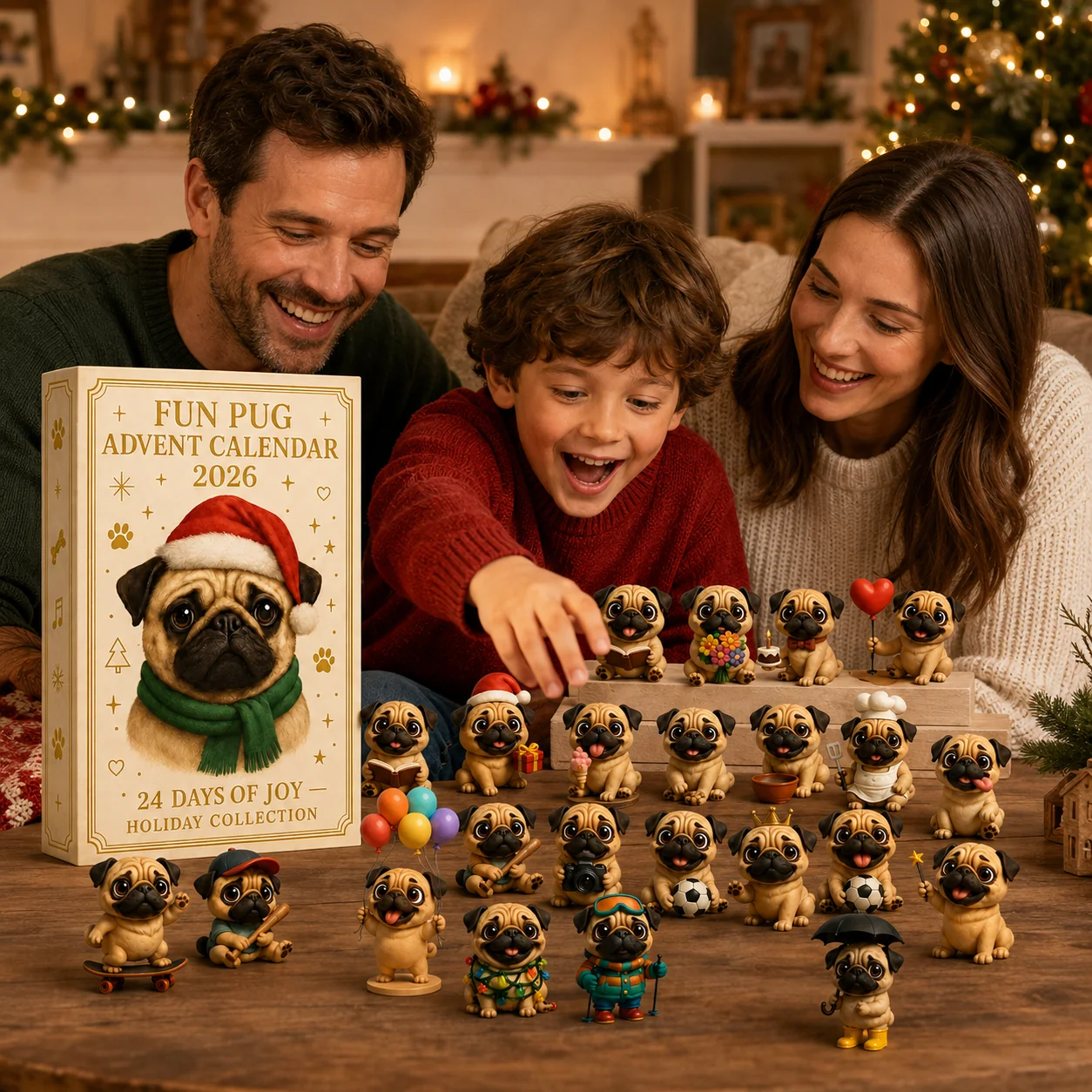 Fun Pug Advent Calendar and its 24 included PVC figures
