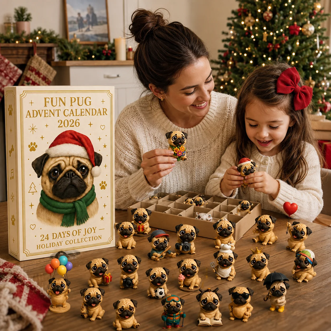 Opening the 2026 Fun Pug Advent Calendar and revealing a camera pug figure