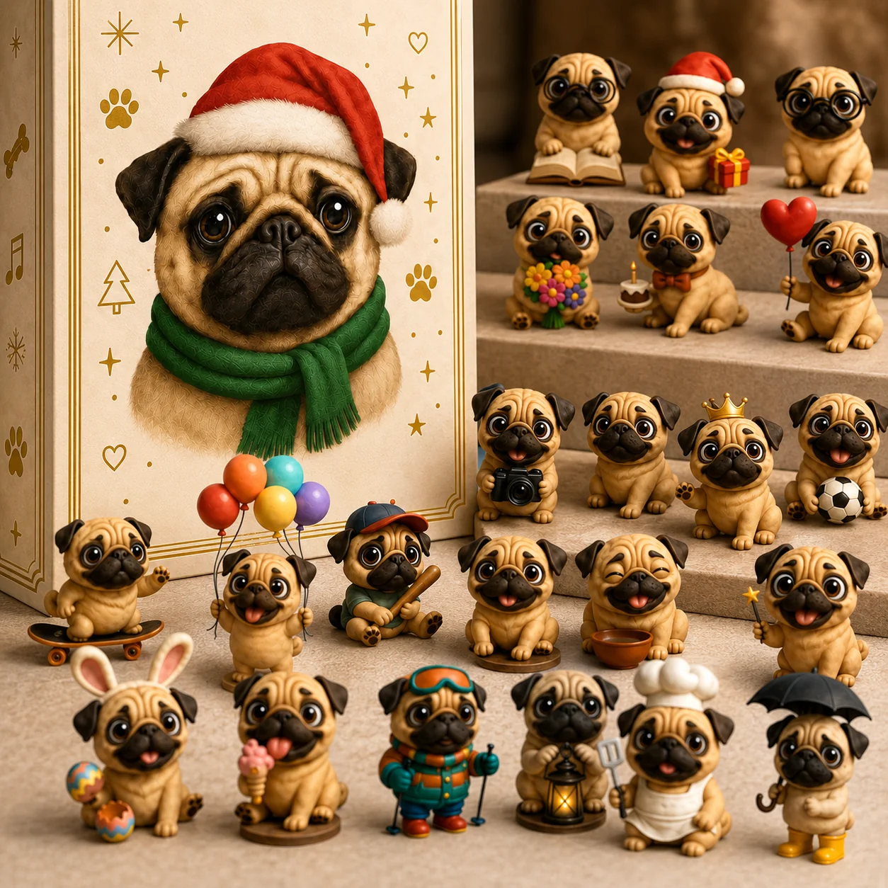 Pug miniatures displayed on a home office bookshelf